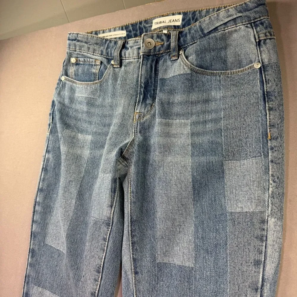 Tribal Jeans Womens 2 Audrey Mid Rise Straight Color Block‎ Denim Soft Crop Y2K - Picture 6 of 15